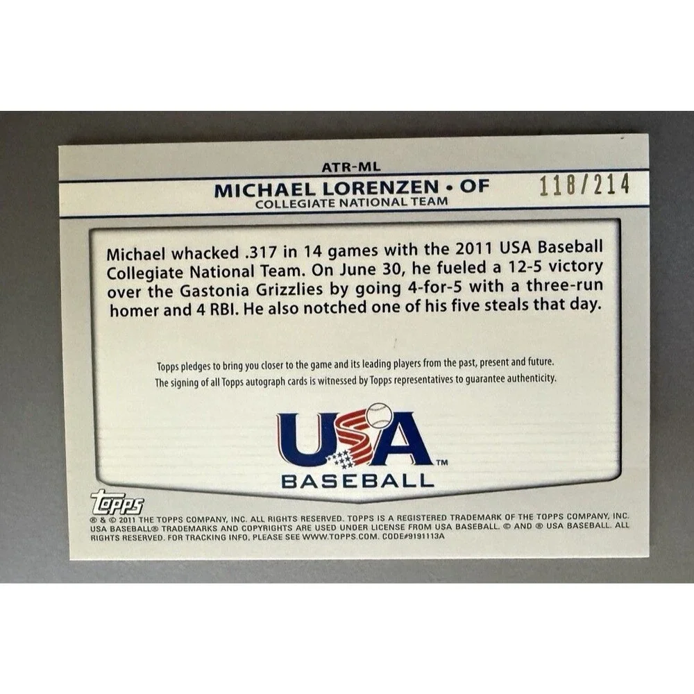 2011 Topps USA Michael Lorenzen Triple Jersey Patch Auto /214 #ATR-ML Collegiate